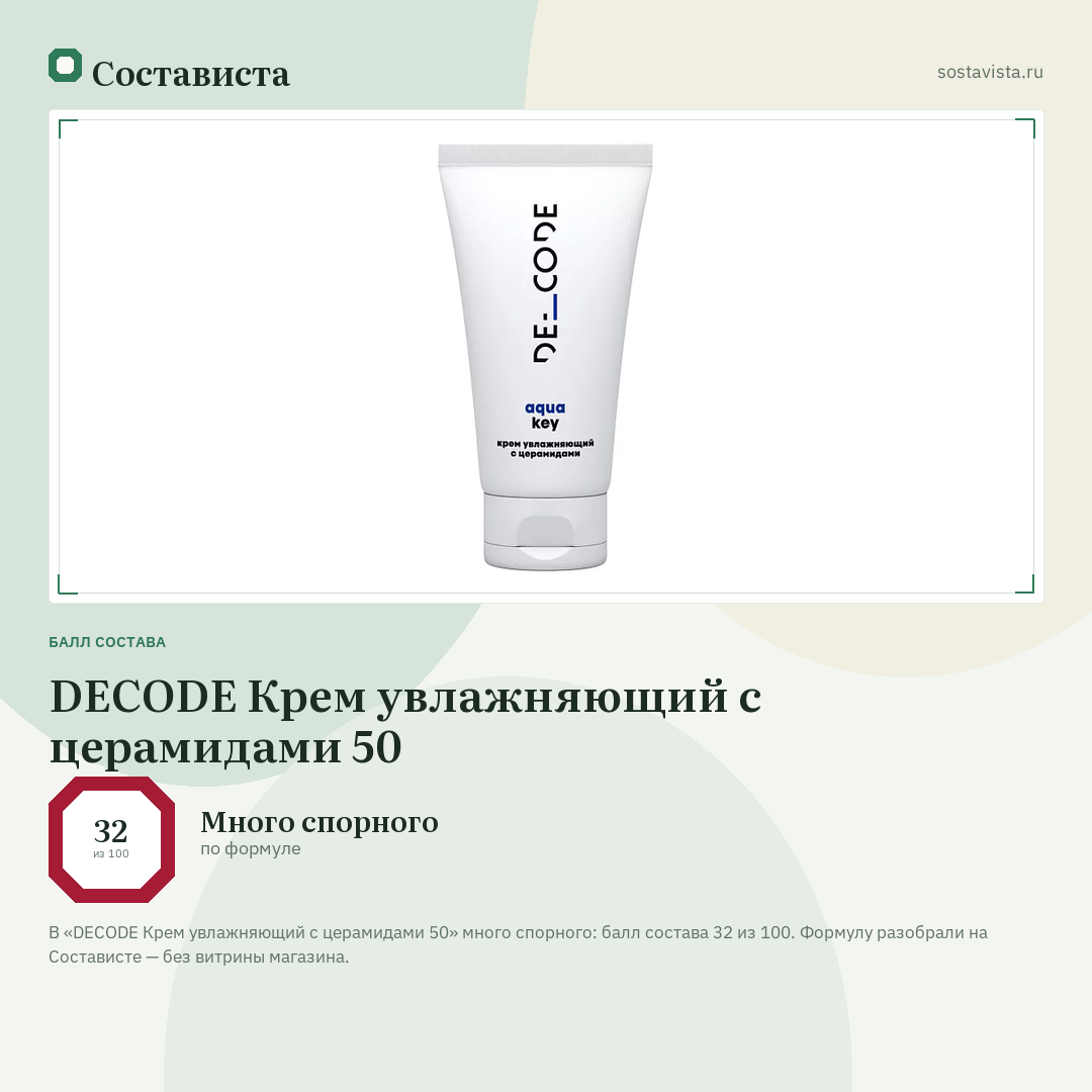 DECODE Крем увлажняющий с церамидами 50: балл состава 32 из 100 — Состависта