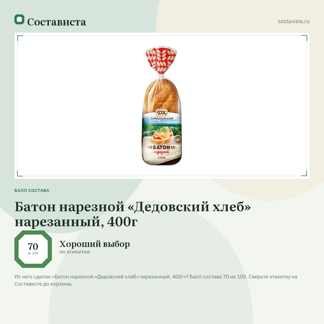 Батон нарезной «Дедовский хлеб» нарезанный, 400г: балл состава 70 из 100 — Состависта