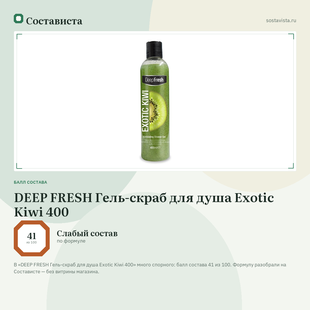 DEEP FRESH Гель-скраб для душа Exotic Kiwi 400: балл состава 41 из 100 — Состависта