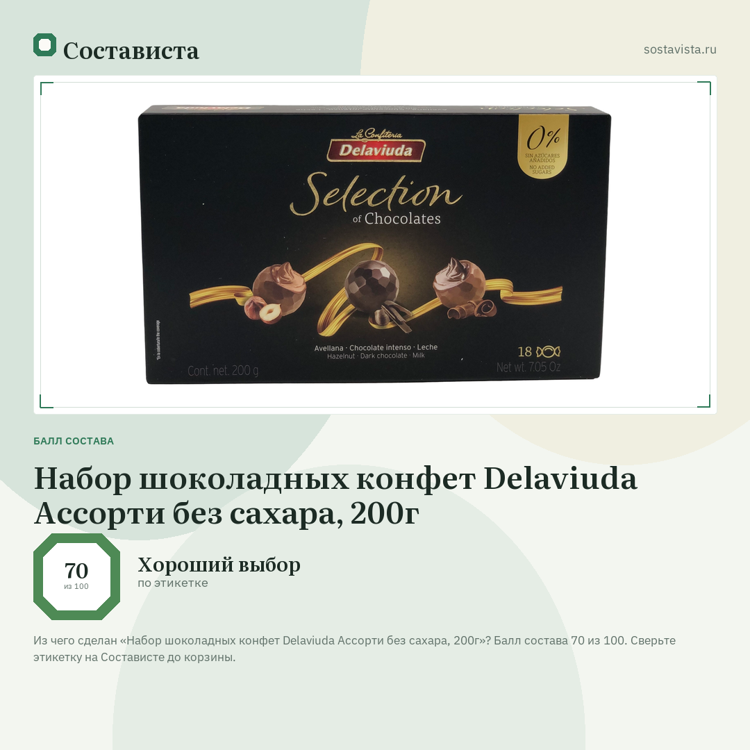 Набор шоколадных конфет Delaviuda Ассорти без сахара, 200г: балл состава 70 из 100 — Состависта