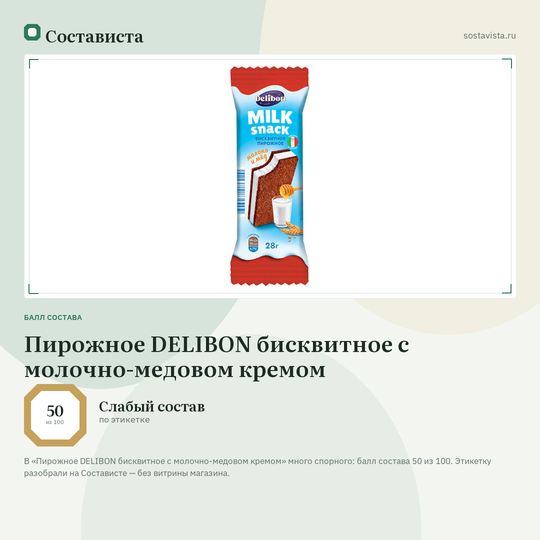 Пирожное DELIBON бисквитное с молочно-медовом кремом: балл состава 50 из 100 — Состависта