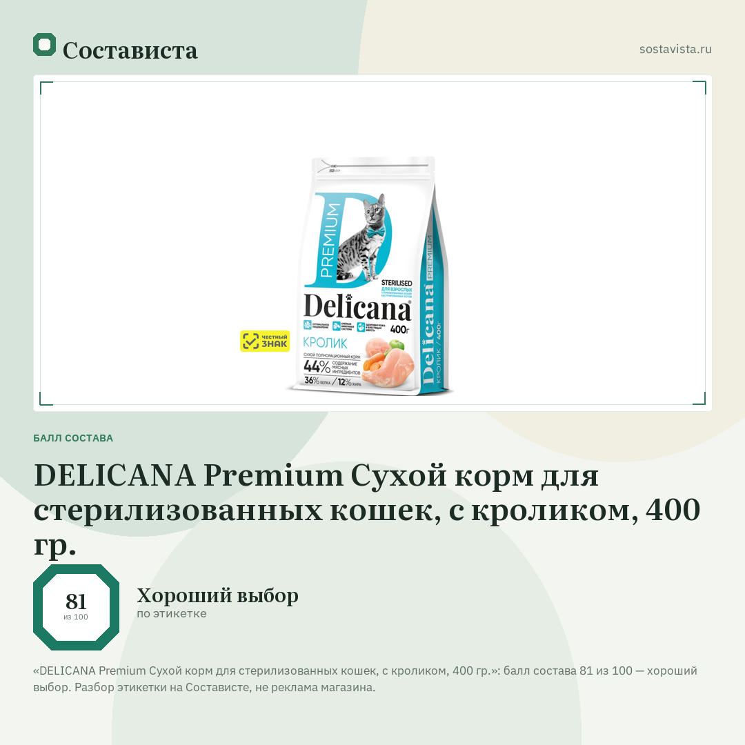DELICANA Premium Сухой корм для стерилизованных кошек, с кроликом, 400 гр.: балл состава 81 из 100 — Состависта
