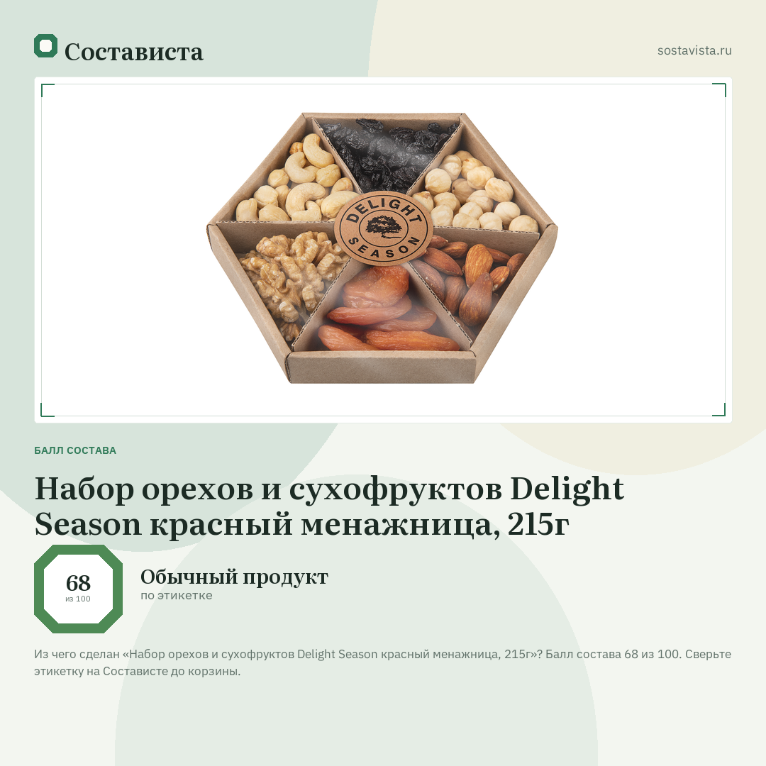 Набор орехов и сухофруктов Delight Season красный менажница, 215г: балл состава 68 из 100 — Состависта