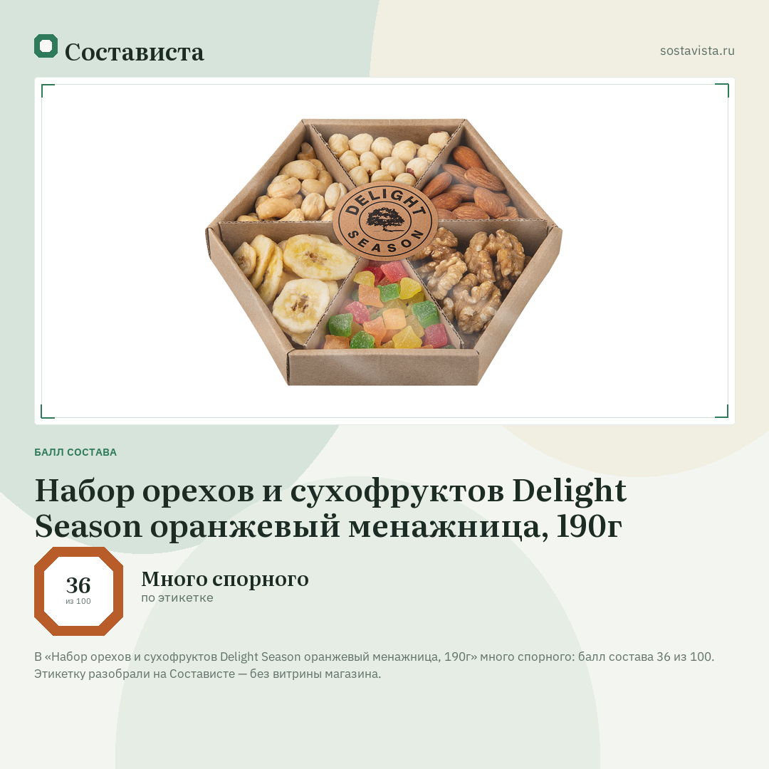 Набор орехов и сухофруктов Delight Season оранжевый менажница, 190г: балл состава 36 из 100 — Состависта