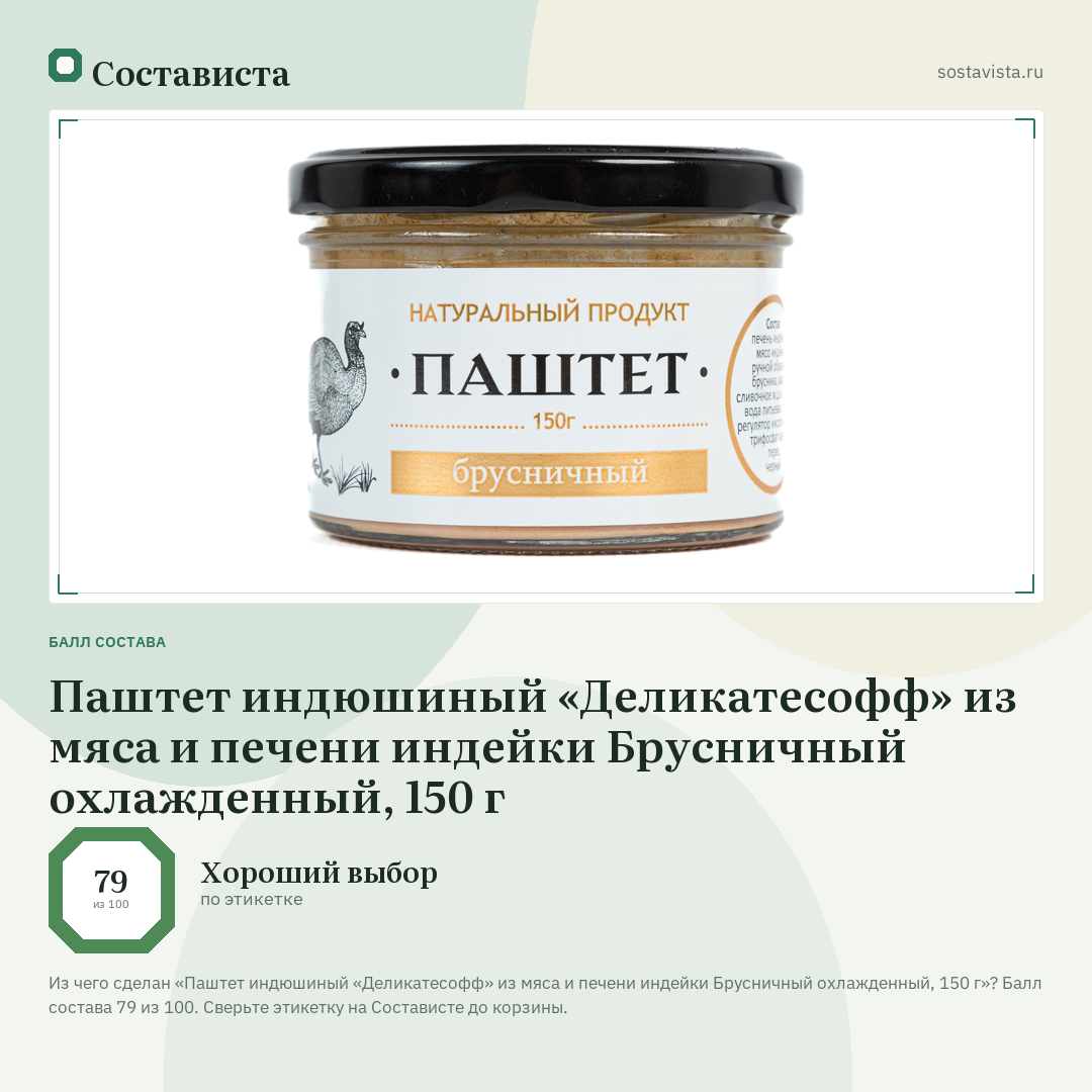 Паштет индюшиный «Деликатесофф» из мяса и печени индейки Брусничный охлажденный, 150 г: балл состава 79 из 100 — Состависта