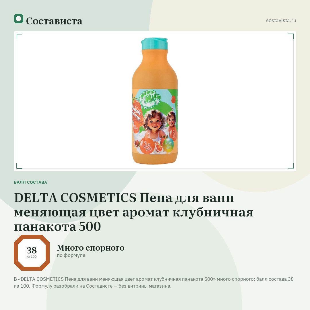 DELTA COSMETICS Пена для ванн меняющая цвет аромат клубничная панакота 500: балл состава 38 из 100 — Состависта