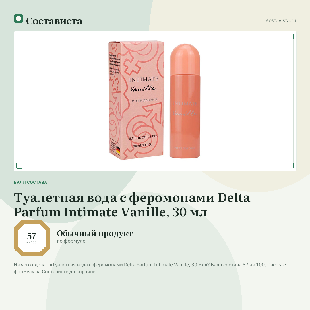 Туалетная вода с феромонами Delta Parfum Intimate Vanille, 30 мл: балл состава 57 из 100 — Состависта