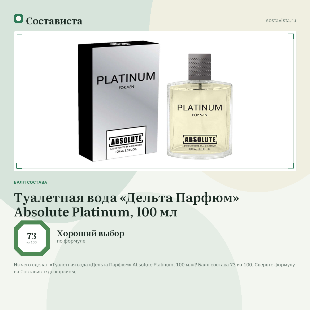 Туалетная вода «Дельта Парфюм» Absolute Platinum, 100 мл: балл состава 73 из 100 — Состависта