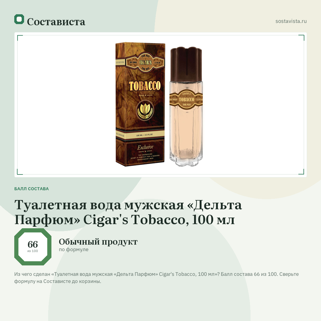 Туалетная вода мужская «Дельта Парфюм» Cigar's Tobacco, 100 мл: балл состава 66 из 100 — Состависта