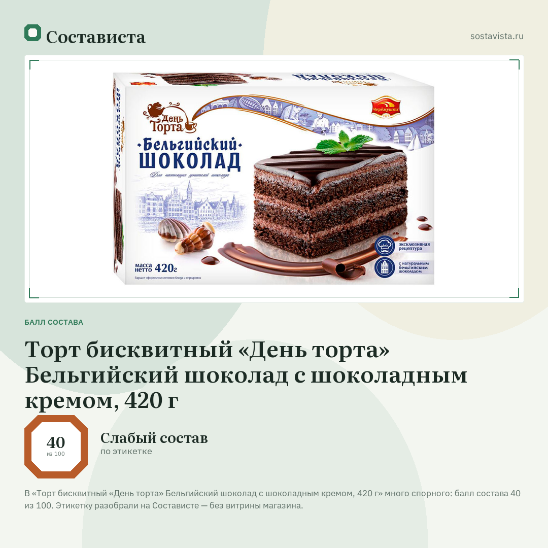 Торт бисквитный «День торта» Бельгийский шоколад с шоколадным кремом, 420 г: балл состава 40 из 100 — Состависта