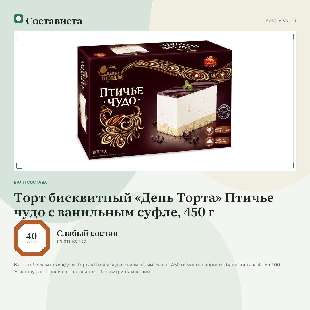 Торт бисквитный «День Торта» Птичье чудо с ванильным суфле, 450 г: балл состава 40 из 100 — Состависта