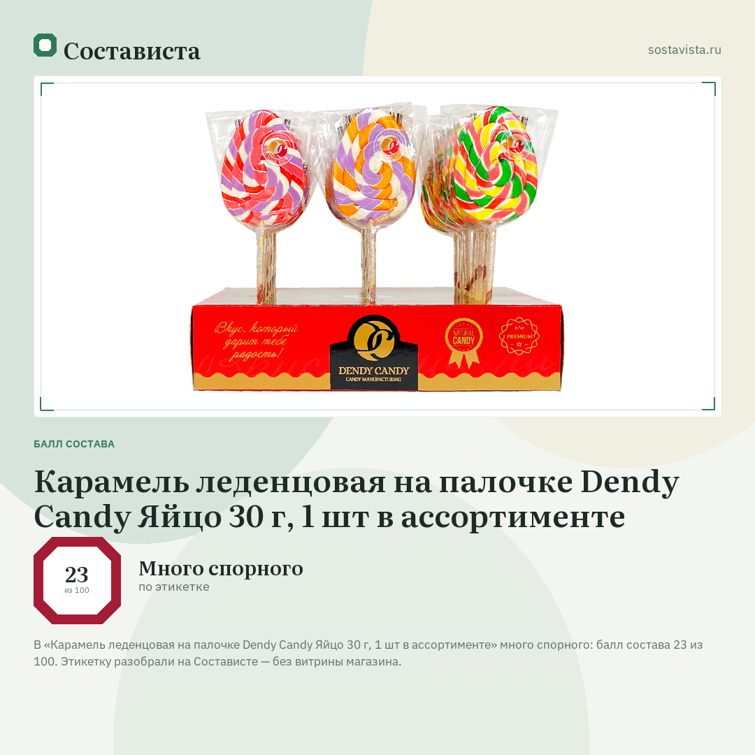 Карамель леденцовая на палочке Dendy Candy Яйцо 30 г, 1 шт в ассортименте: балл состава 23 из 100 — Состависта