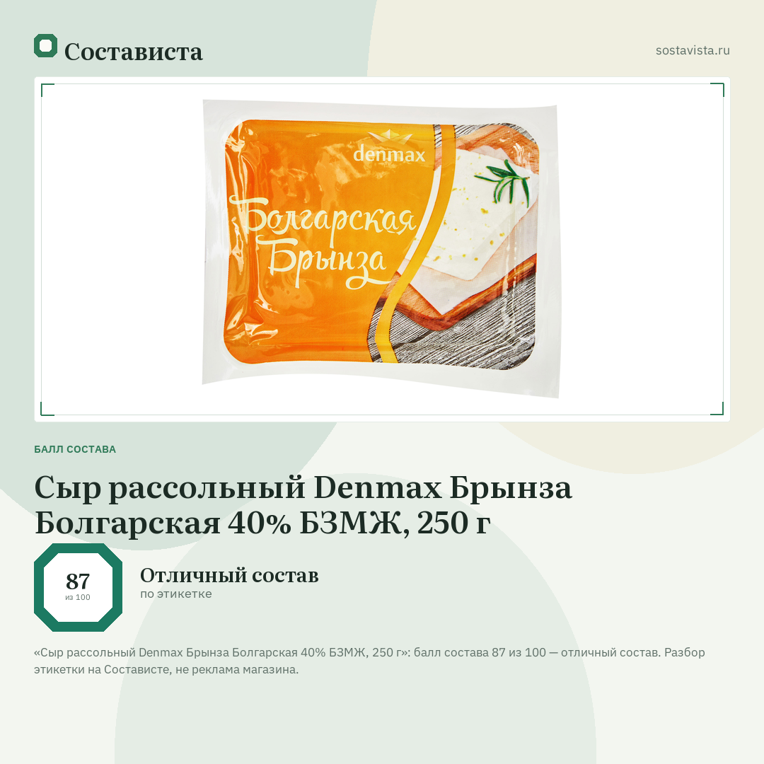 Сыр рассольный Denmax Брынза Болгарская 40% БЗМЖ, 250 г: балл состава 87 из 100 — Состависта