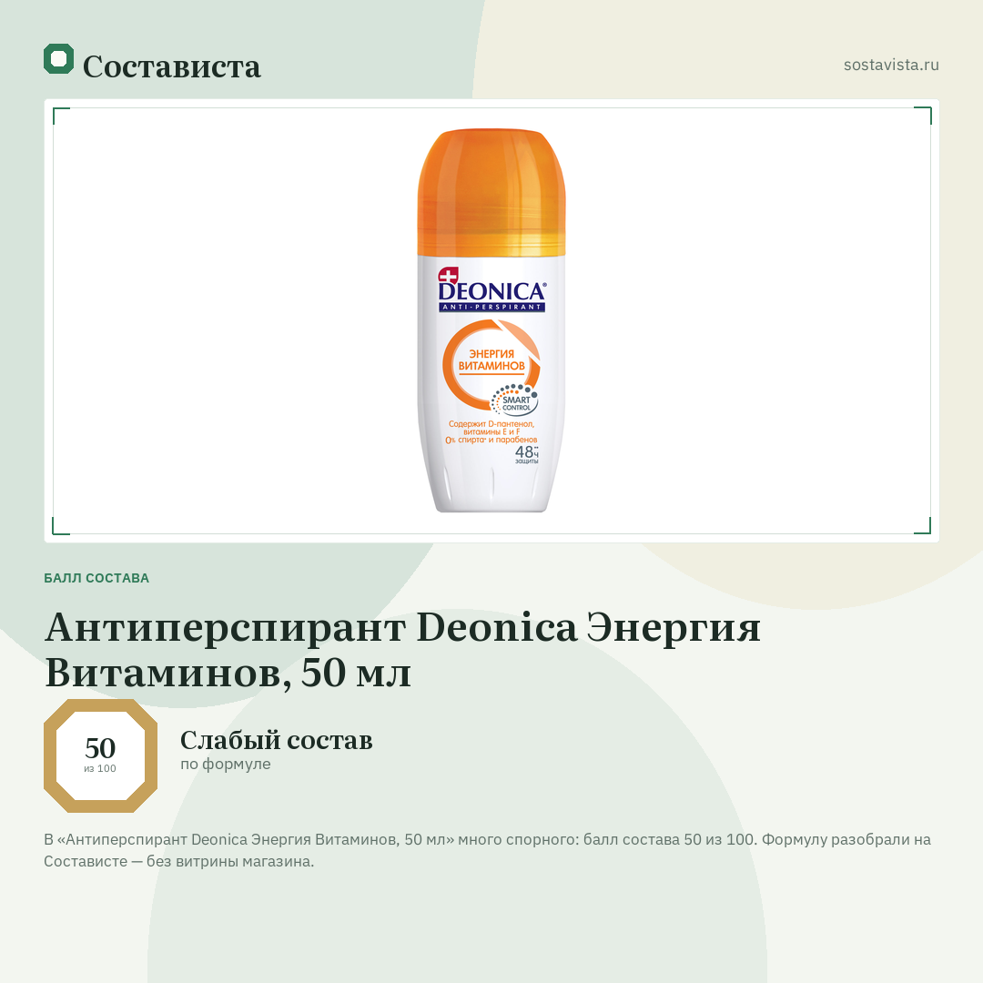 Антиперспирант Deonica Энергия Витаминов, 50 мл: балл состава 50 из 100 — Состависта