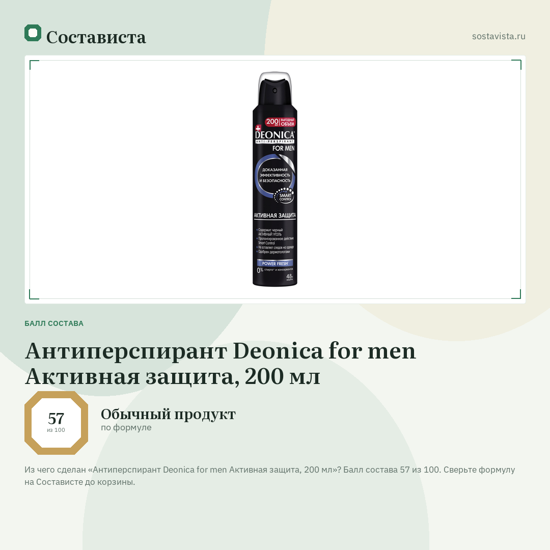 Антиперспирант Deonica for men Активная защита, 200 мл: балл состава 57 из 100 — Состависта