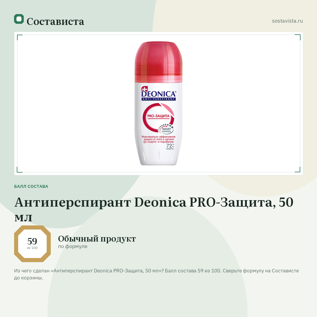 Антиперспирант Deonica PRO-Защита, 50 мл: балл состава 59 из 100 — Состависта