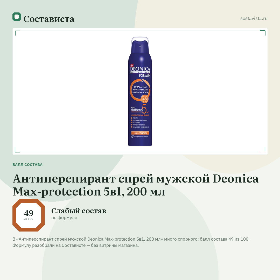 Антиперспирант спрей мужской Deonica Max-protection 5в1, 200 мл: балл состава 49 из 100 — Состависта
