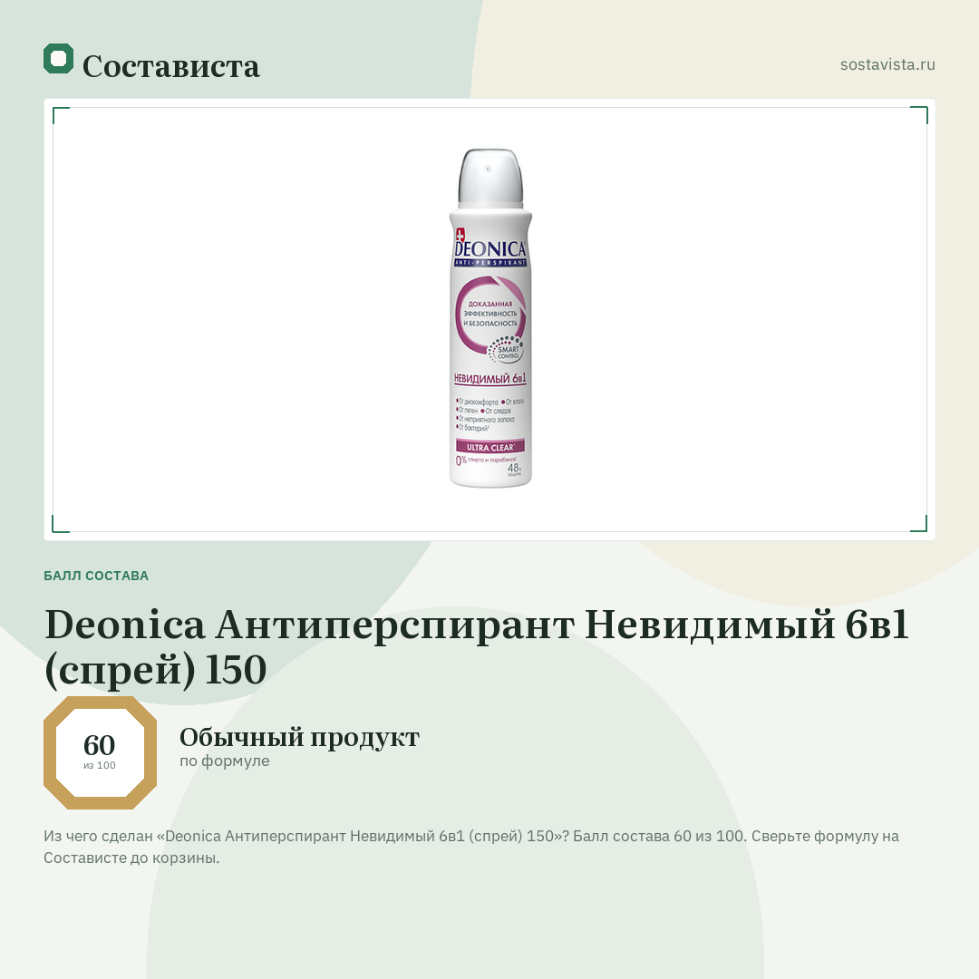 Deonica Антиперспирант Невидимый 6в1 (спрей) 150: балл состава 60 из 100 — Состависта