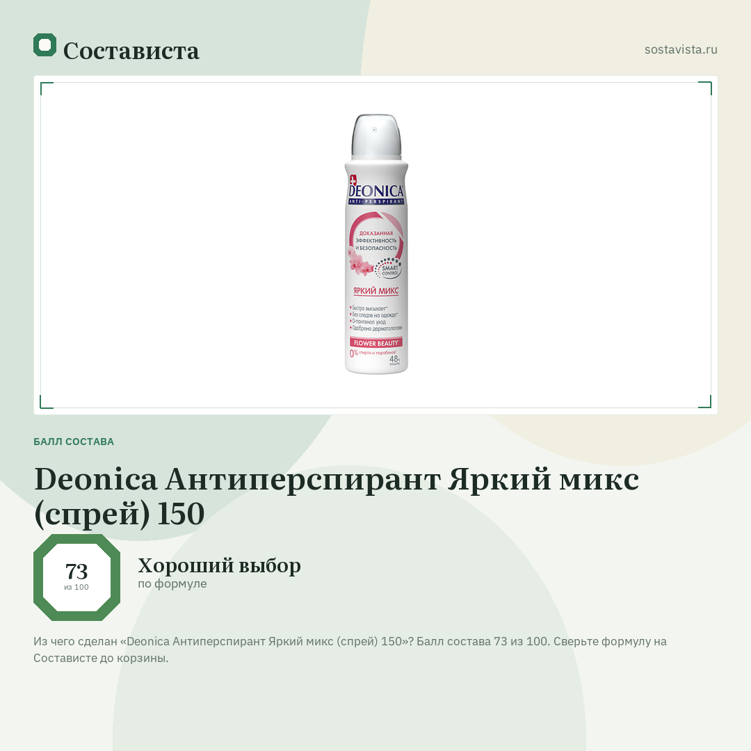 Deonica Антиперспирант Яркий микс (спрей) 150: балл состава 73 из 100 — Состависта