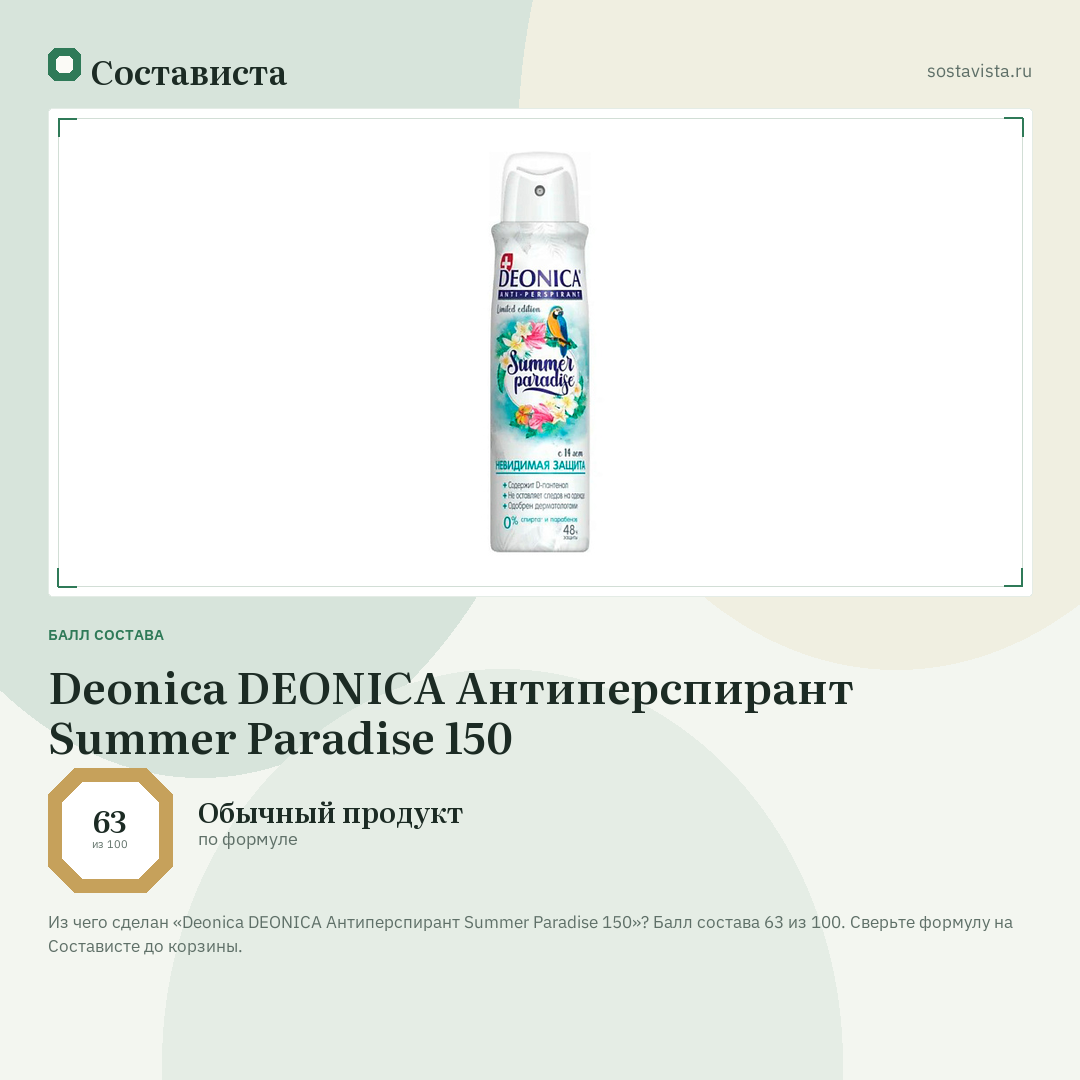 Deonica DEONICA Антиперспирант Summer Paradise 150: балл состава 63 из 100 — Состависта