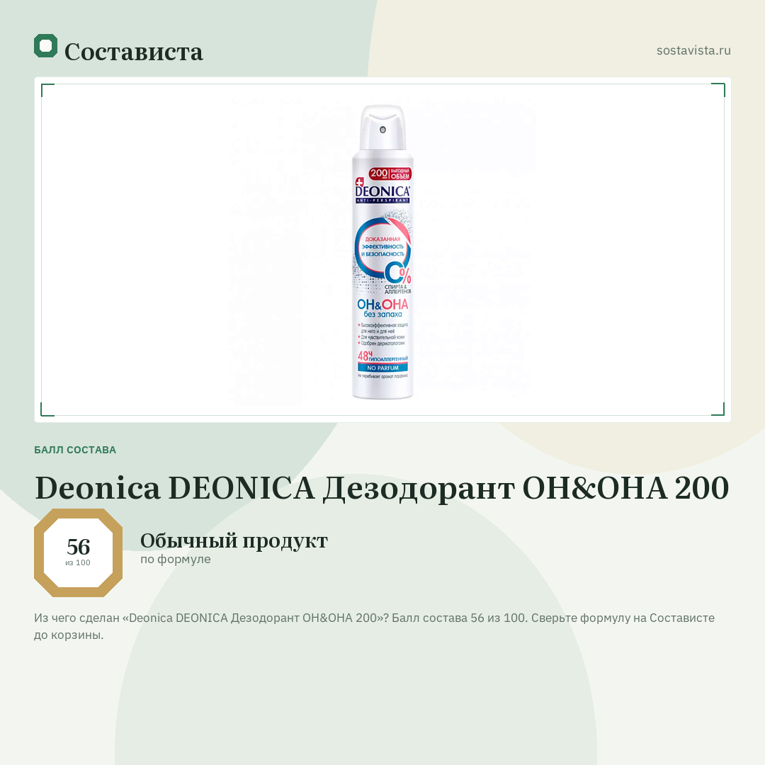 Deonica DEONICA Дезодорант ОН&ОНА 200: балл состава 56 из 100 — Состависта