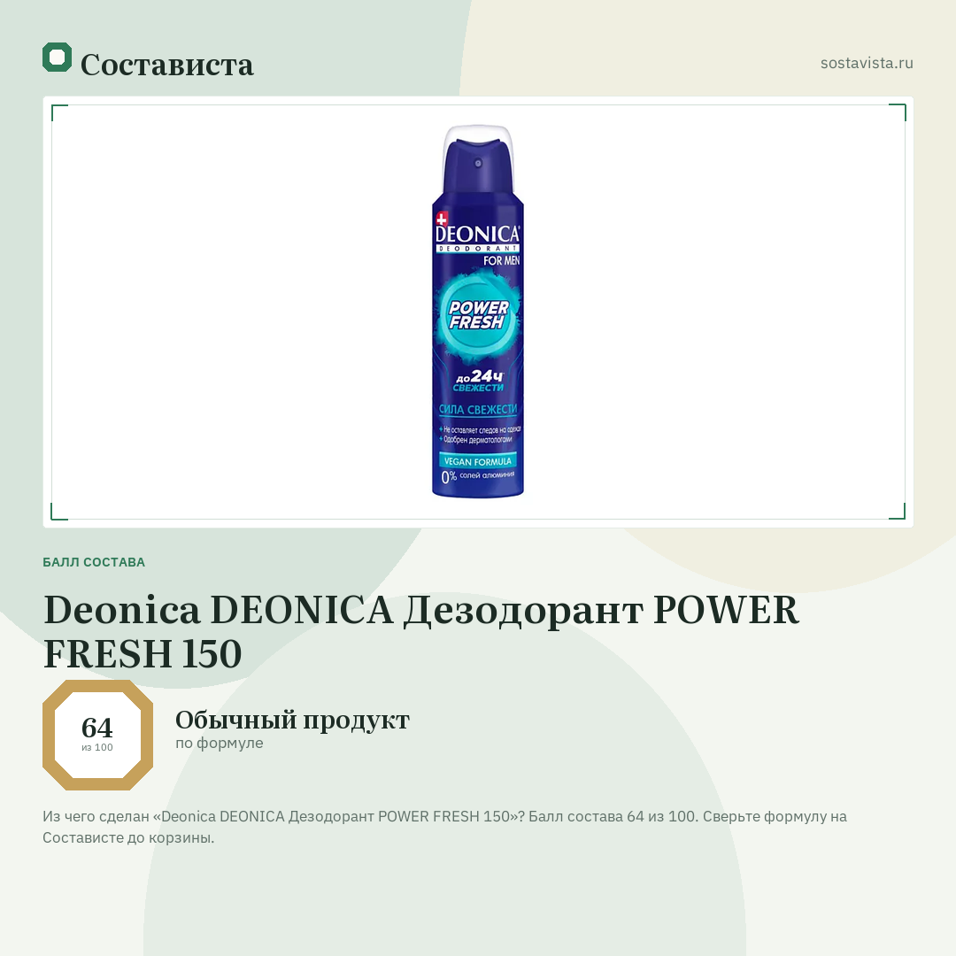 Deonica DEONICA Дезодорант POWER FRESH 150: балл состава 64 из 100 — Состависта