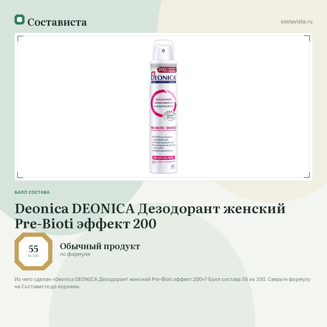 Deonica DEONICA Дезодорант женский Pre-Bioti эффект 200: балл состава 55 из 100 — Состависта