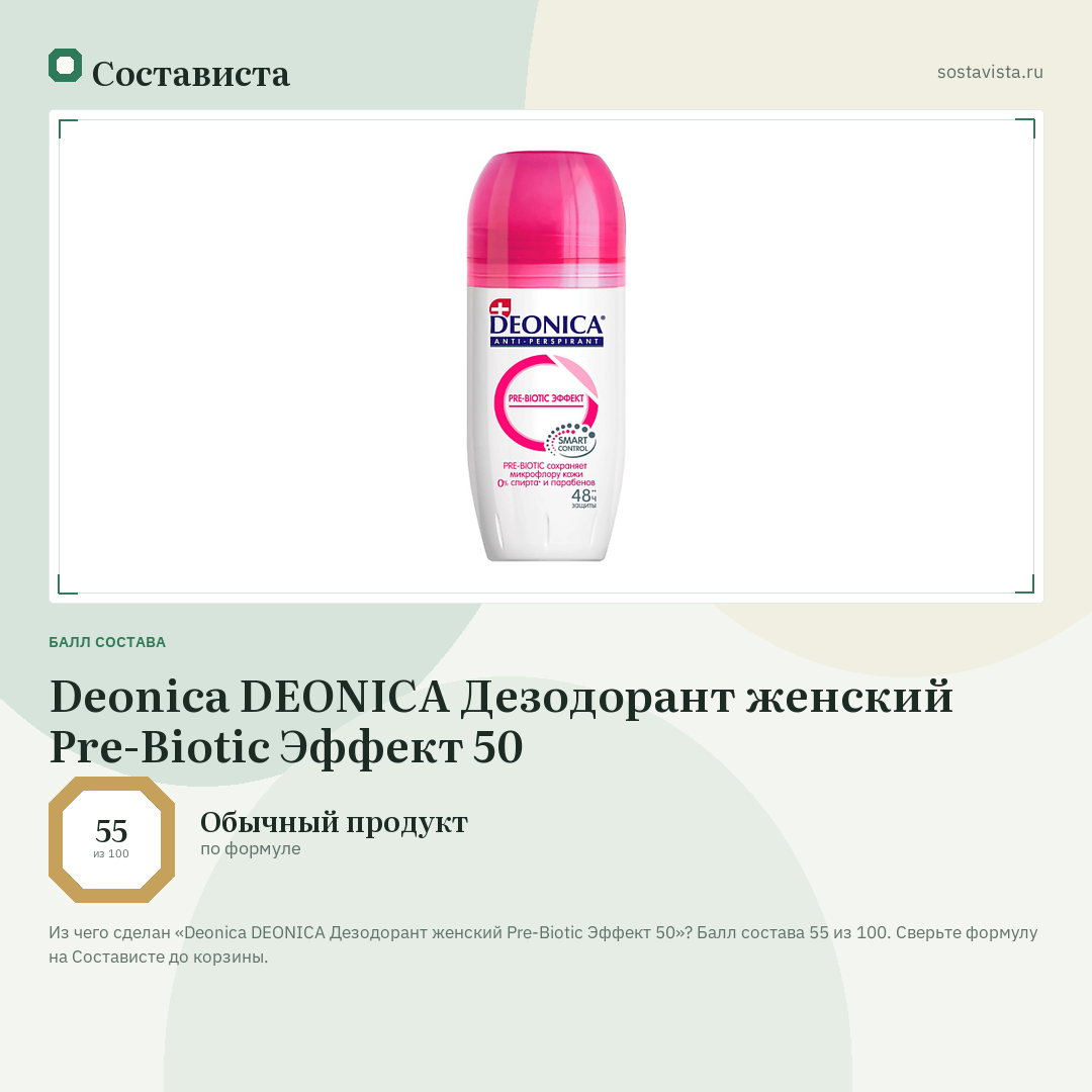Deonica DEONICA Дезодорант женский Pre-Biotic Эффект 50: балл состава 55 из 100 — Состависта