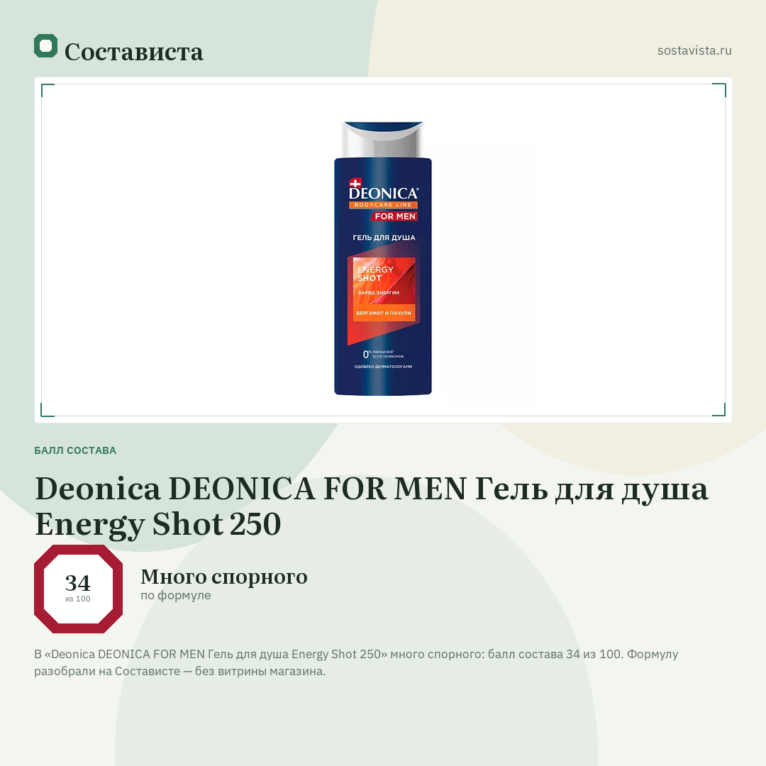 Deonica DEONICA FOR MEN Гель для душа Energy Shot 250: балл состава 34 из 100 — Состависта