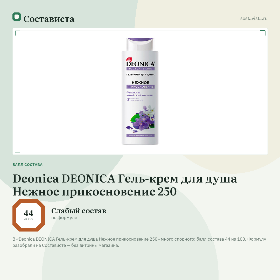 Deonica DEONICA Гель-крем для душа Нежное прикосновение 250: балл состава 44 из 100 — Состависта