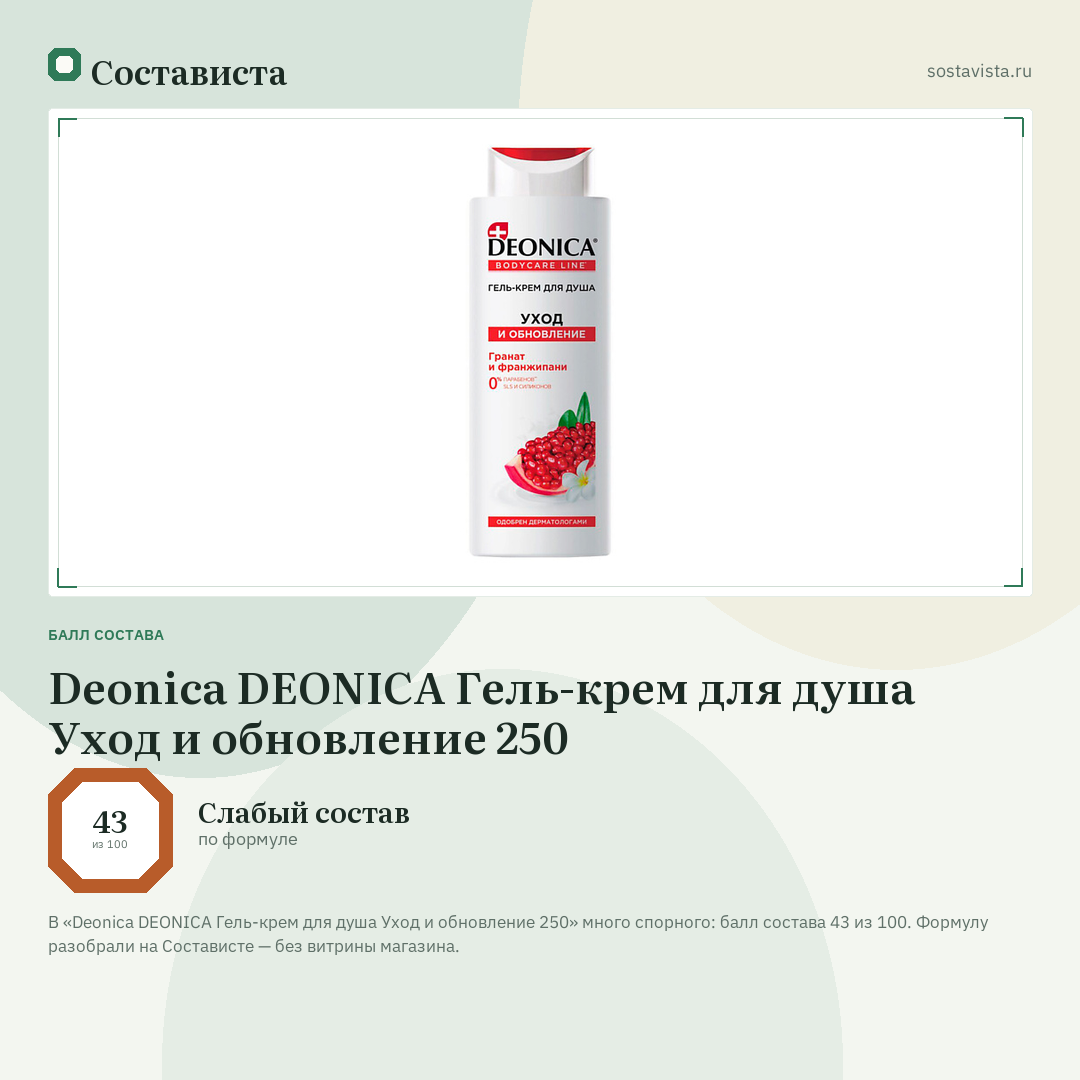 Deonica DEONICA Гель-крем для душа Уход и обновление 250: балл состава 43 из 100 — Состависта