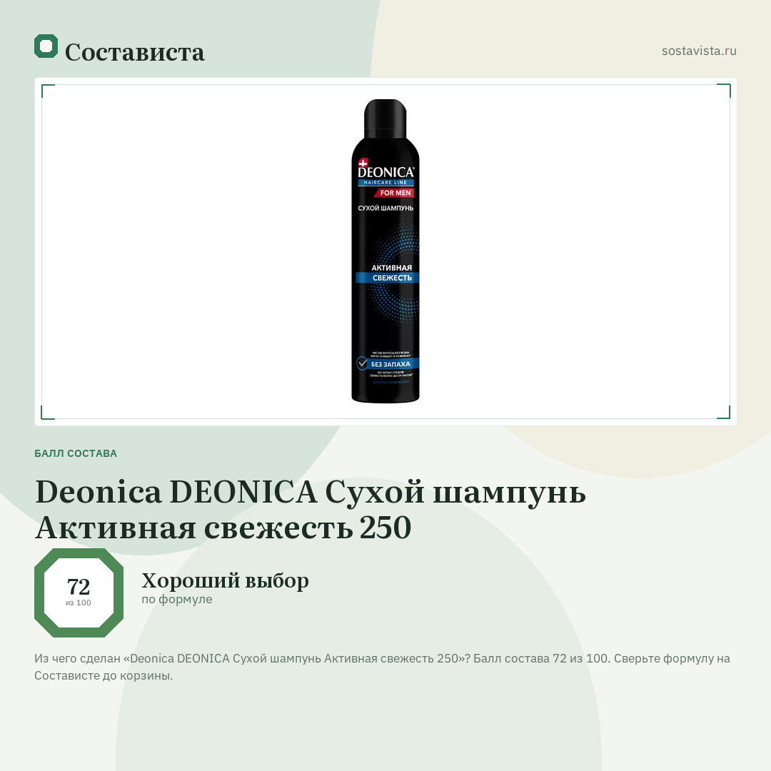 Deonica DEONICA Сухой шампунь Активная свежесть 250: балл состава 72 из 100 — Состависта