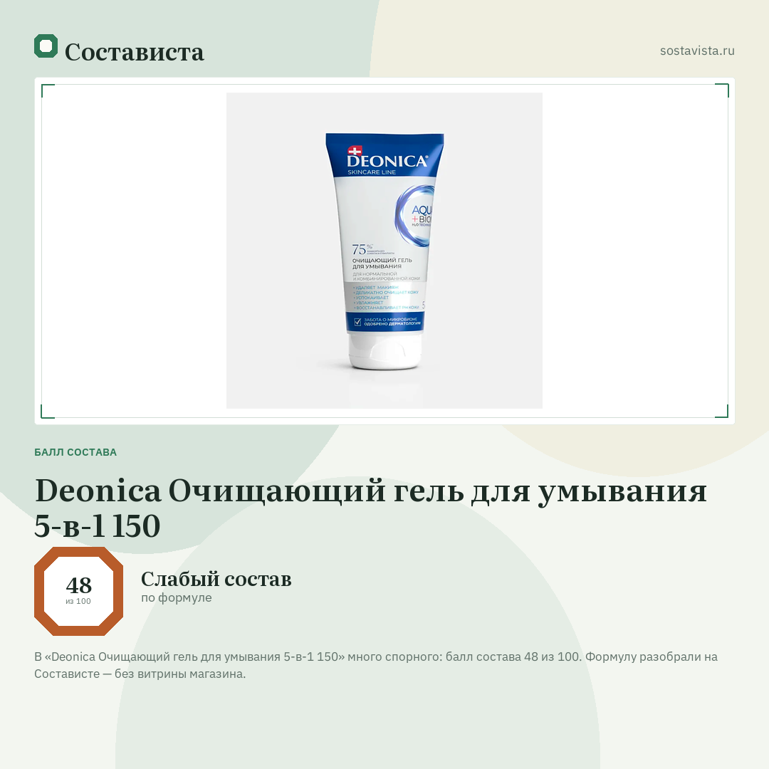 Deonica Очищающий гель для умывания 5-в-1 150: балл состава 48 из 100 — Состависта