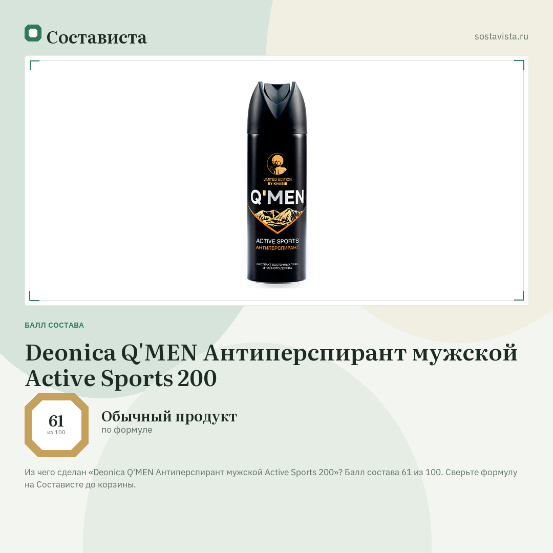 Deonica Q'MEN Антиперспирант мужской Active Sports 200: балл состава 61 из 100 — Состависта
