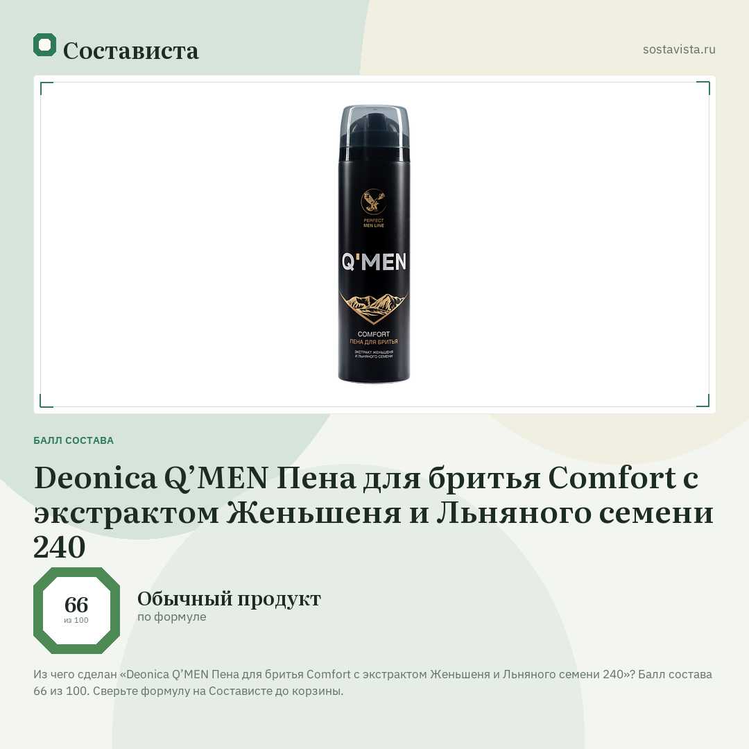 Deonica Q’MEN Пена для бритья Comfort с экстрактом Женьшеня и Льняного семени 240: балл состава 66 из 100 — Состависта