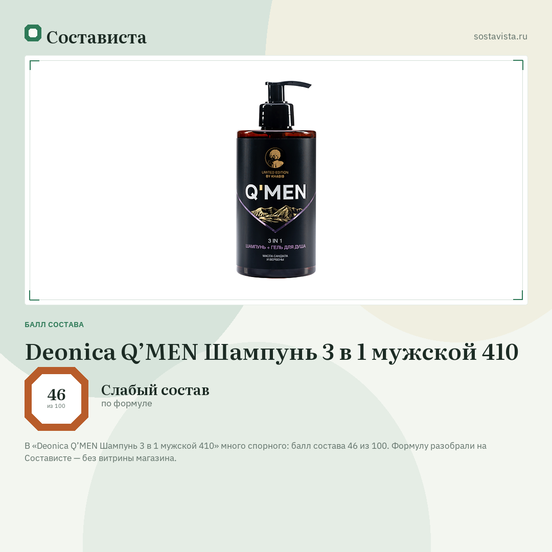 Deonica Q’MEN Шампунь 3 в 1 мужской 410: балл состава 46 из 100 — Состависта