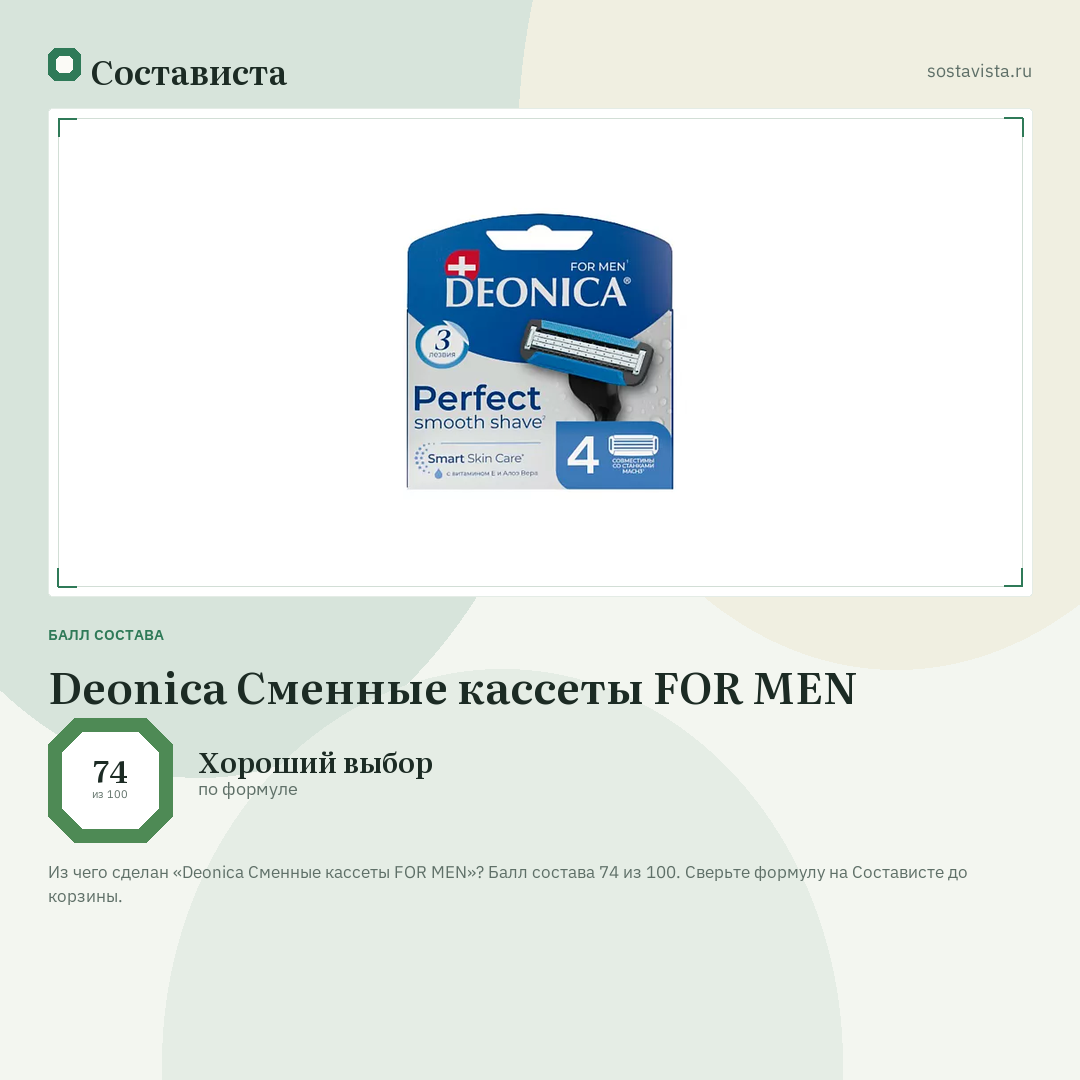 Deonica Сменные кассеты FOR MEN: балл состава 74 из 100 — Состависта