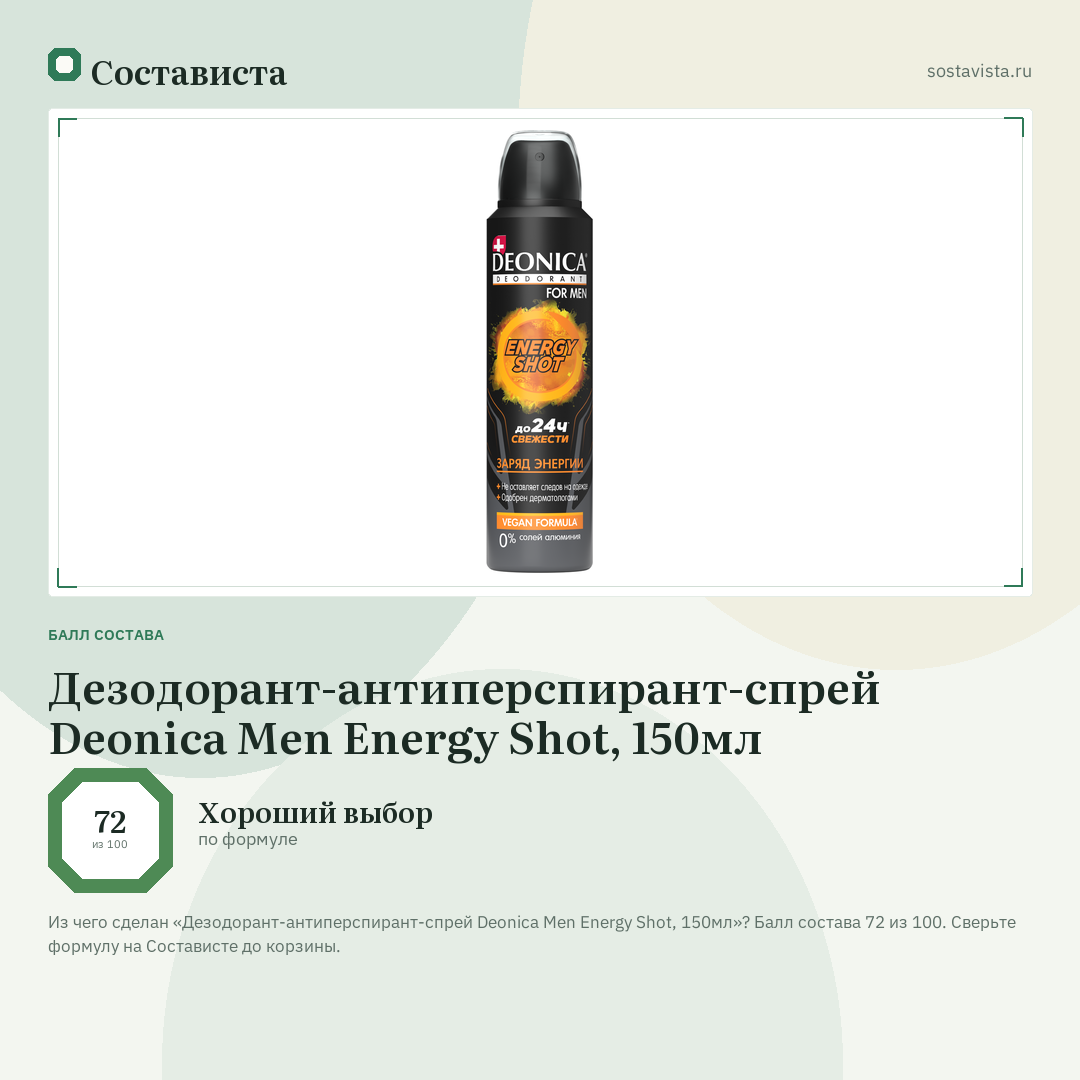Дезодорант-антиперспирант-спрей Deonica Men Energy Shot, 150мл: балл состава 72 из 100 — Состависта