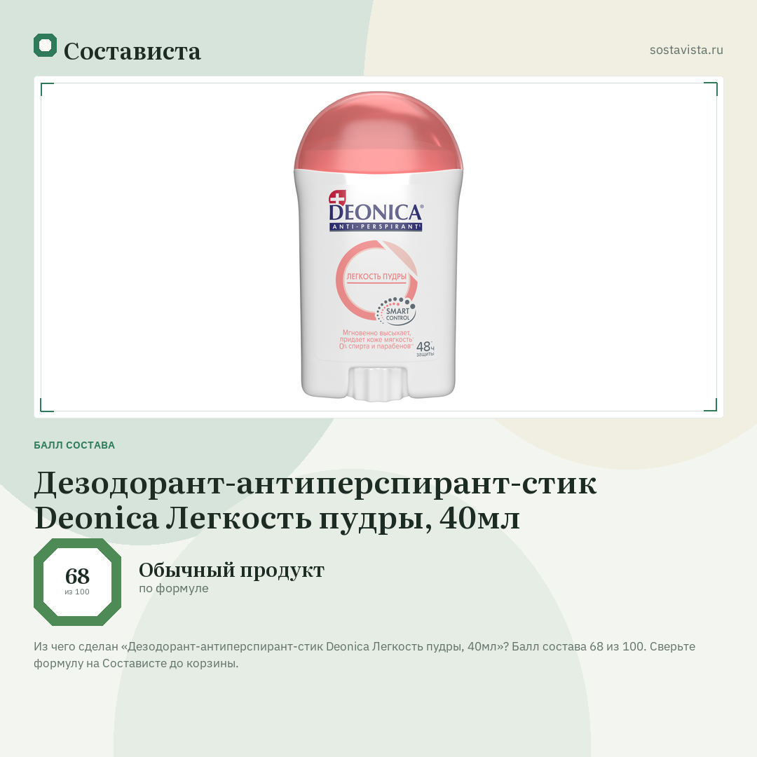 Дезодорант-антиперспирант-стик Deonica Легкость пудры, 40мл: балл состава 68 из 100 — Состависта