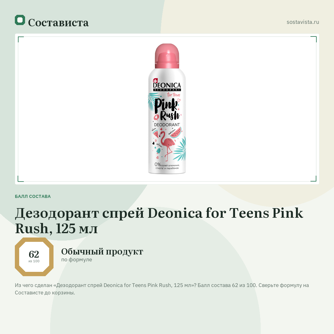 Дезодорант спрей Deonica for Teens Pink Rush, 125 мл: балл состава 62 из 100 — Состависта