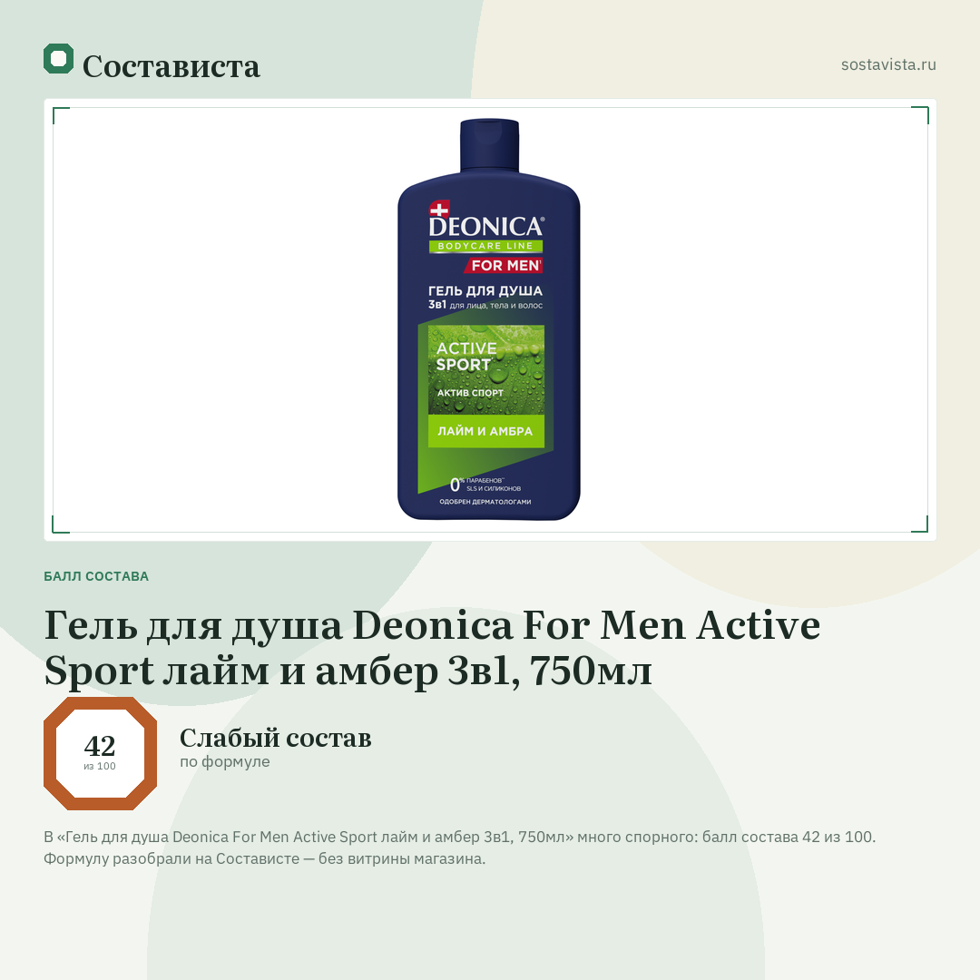 Гель для душа Deonica For Men Active Sport лайм и амбер 3в1, 750мл: балл состава 42 из 100 — Состависта