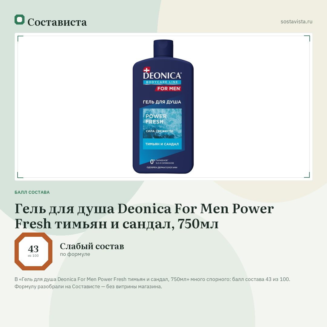 Гель для душа Deonica For Men Power Fresh тимьян и сандал, 750мл: балл состава 43 из 100 — Состависта