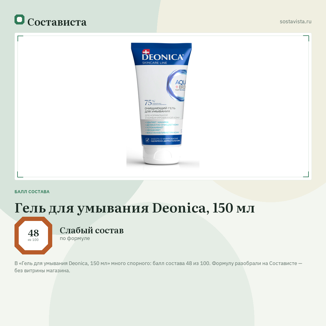 Гель для умывания Deonica, 150 мл: балл состава 48 из 100 — Состависта