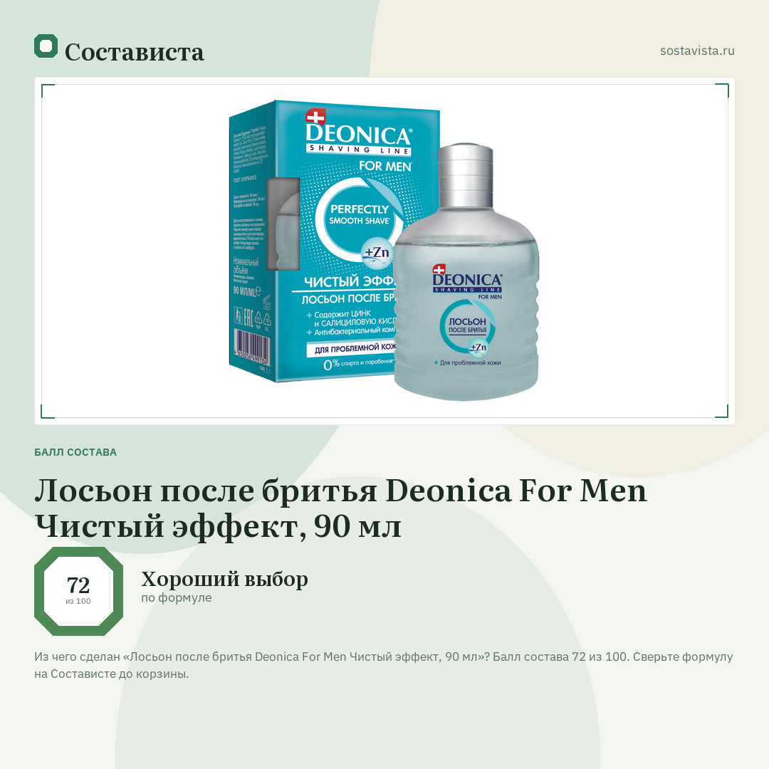 Лосьон после бритья Deonica For Men Чистый эффект, 90 мл: балл состава 72 из 100 — Состависта