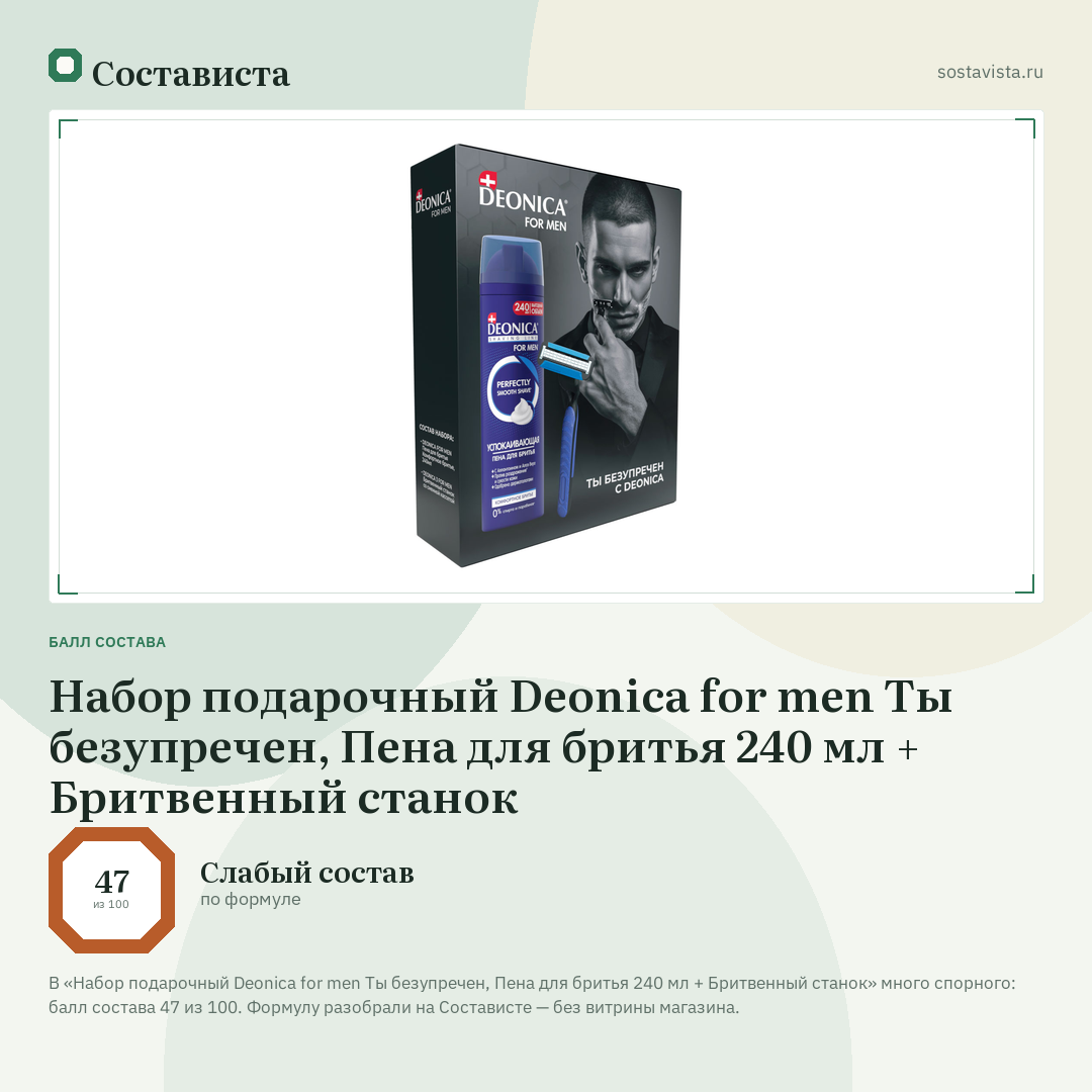 Набор подарочный Deonica for men Ты безупречен, Пена для бритья 240 мл + Бритвенный станок: балл состава 47 из 100 — Состависта