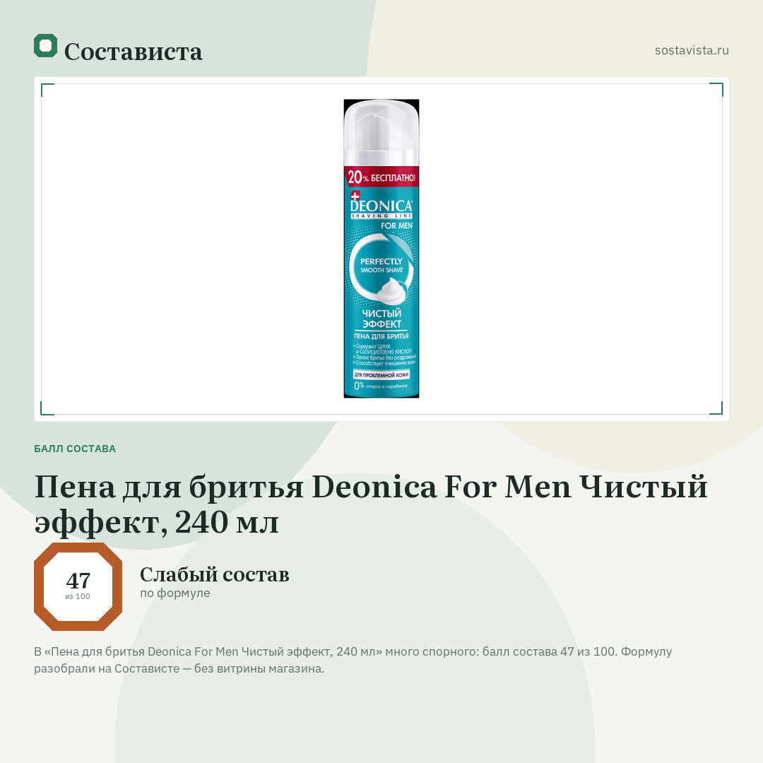 Пена для бритья Deonica For Men Чистый эффект, 240 мл: балл состава 47 из 100 — Состависта