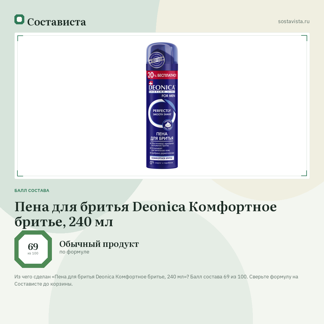 Пена для бритья Deonica Комфортное бритье, 240 мл: балл состава 69 из 100 — Состависта