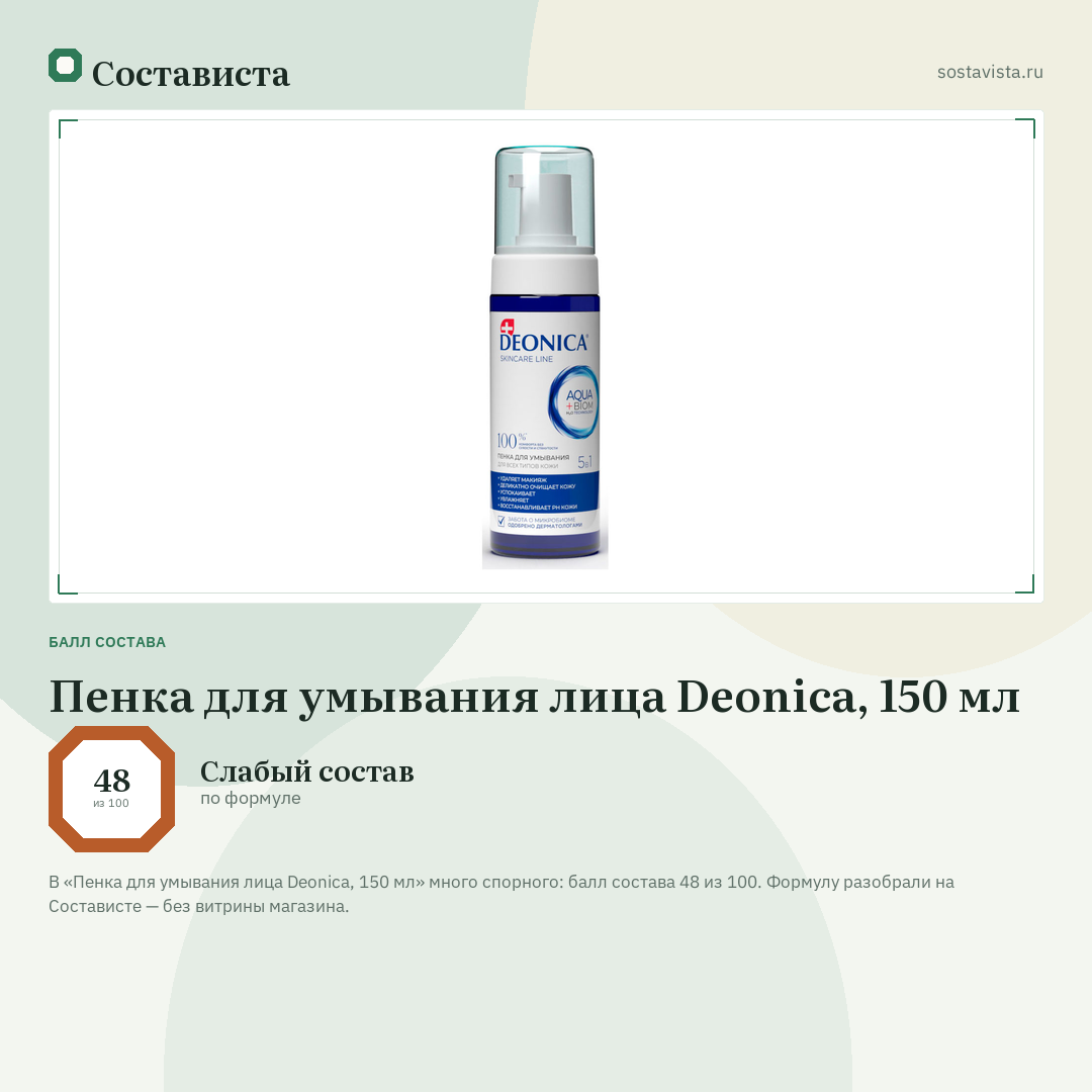 Пенка для умывания лица Deonica, 150 мл: балл состава 48 из 100 — Состависта