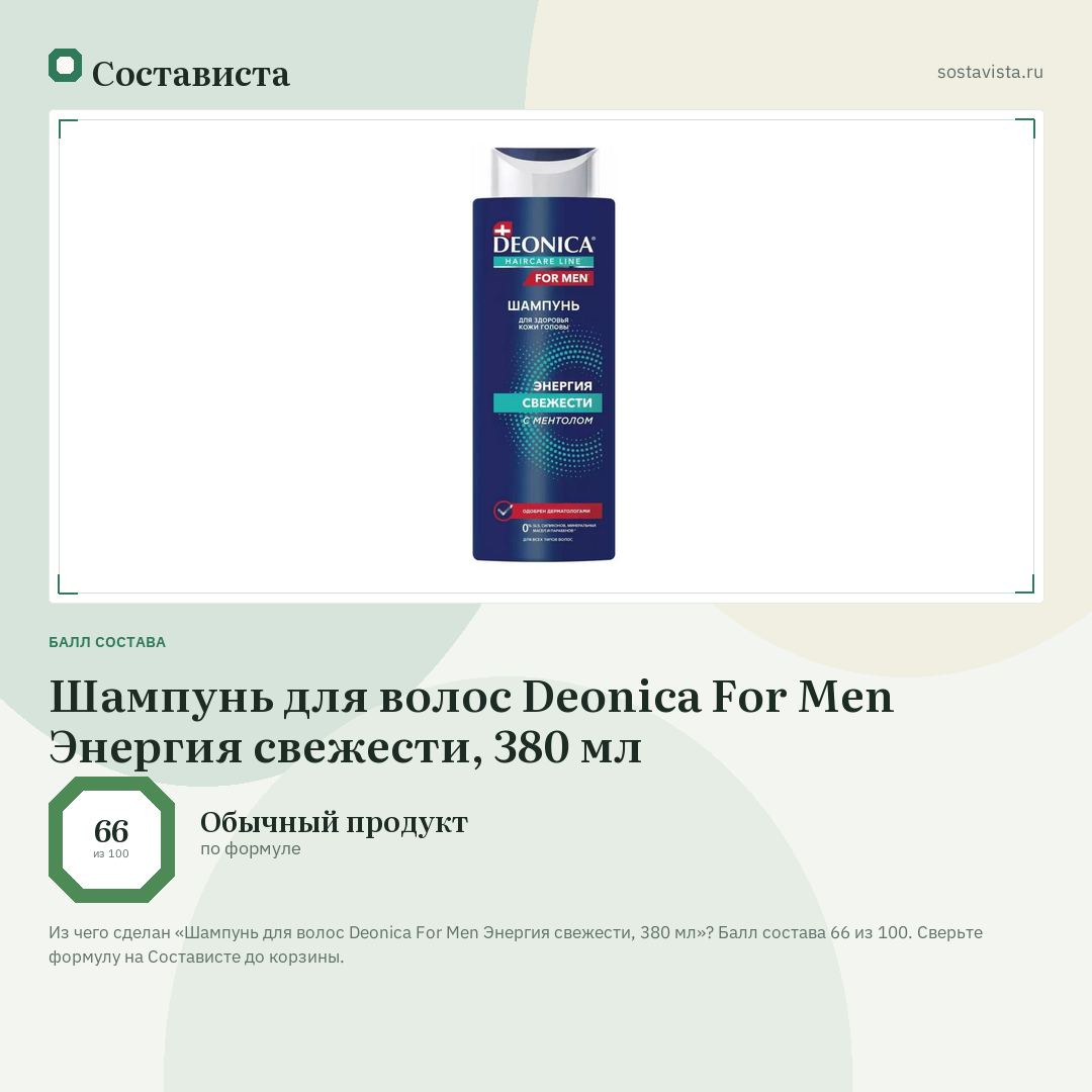 Шампунь для волос Deonica For Men Энергия свежести, 380 мл: балл состава 66 из 100 — Состависта