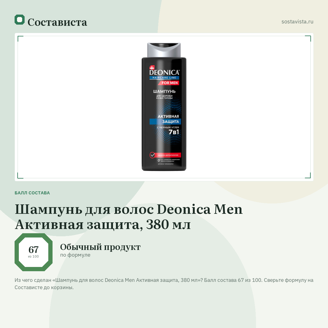 Шампунь для волос Deonica Men Активная защита, 380 мл: балл состава 67 из 100 — Состависта